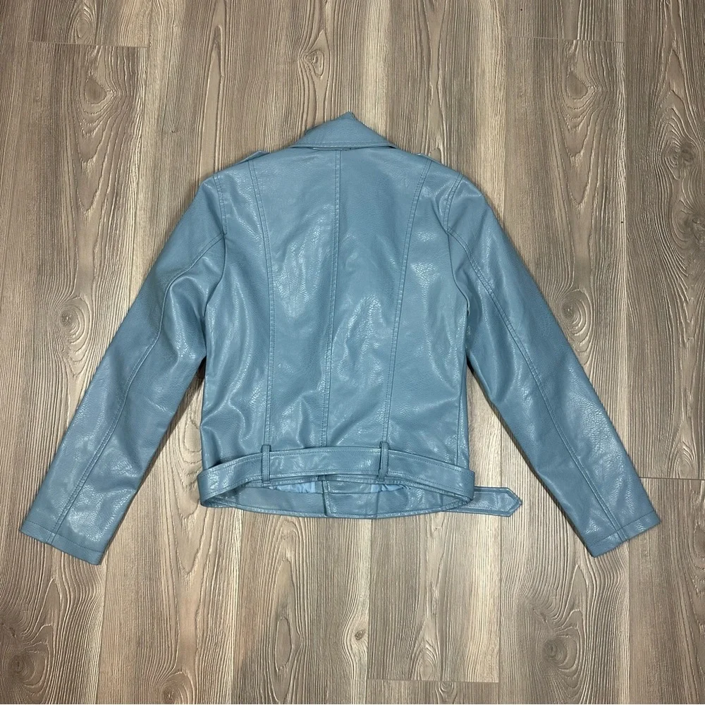 Ly Varey Lin Light Blue Faux Leather Moto Jacket with‎ Belt Women’s Small